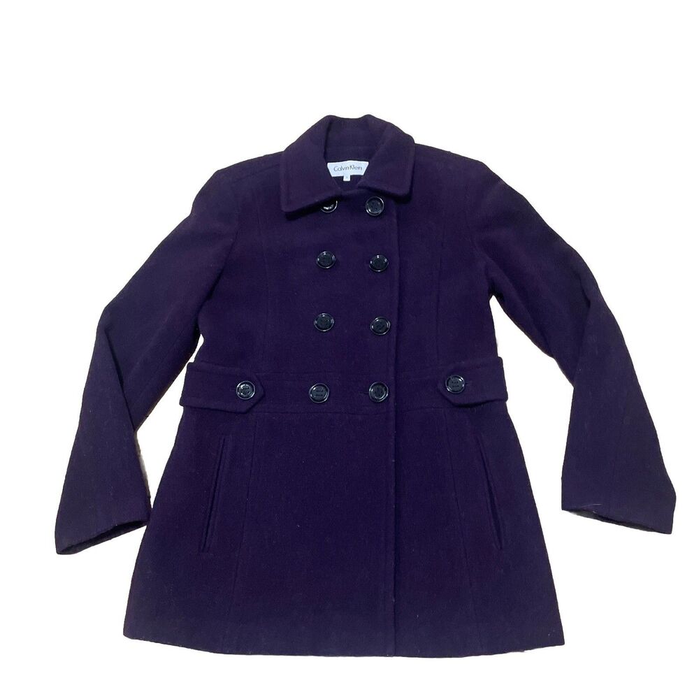 Calvin Klein Purple Wool Pea Coat Women 6 Double Breasted Lined Jacket Executive